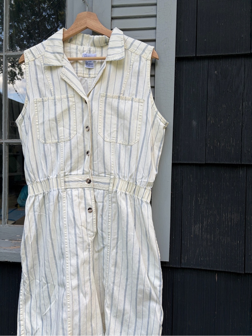 Sleeveless Striped Button-Front Jumpsuit in Light Cream